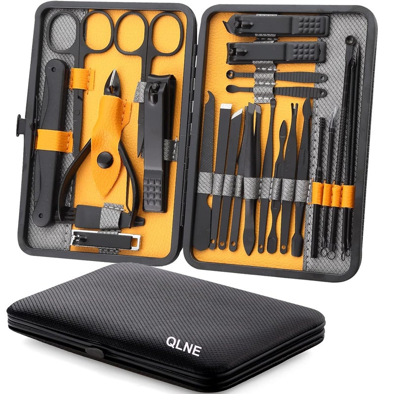 QLNE Nail Clippers Sets High Precisio Stainless Steel Nail Cutter Pedicure Kit Nail File Sharp Nail Scissors and Clipper Manicure Pedicure Kit Fingernails & Toenails with Portable cas (Yellow/Gray_25 in 1) - Image 1